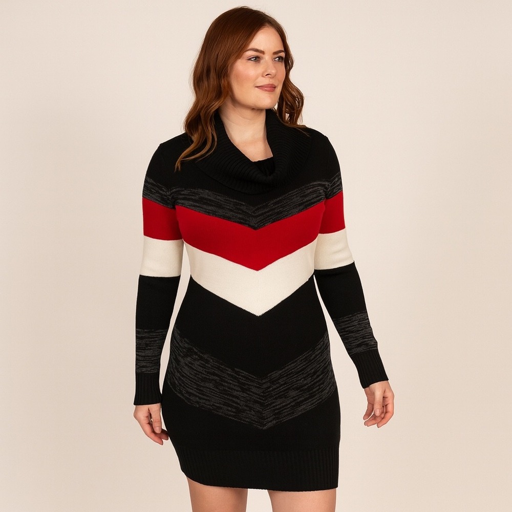 by & by Women's Long Sleeve Chevron Dress - Red, Black, White